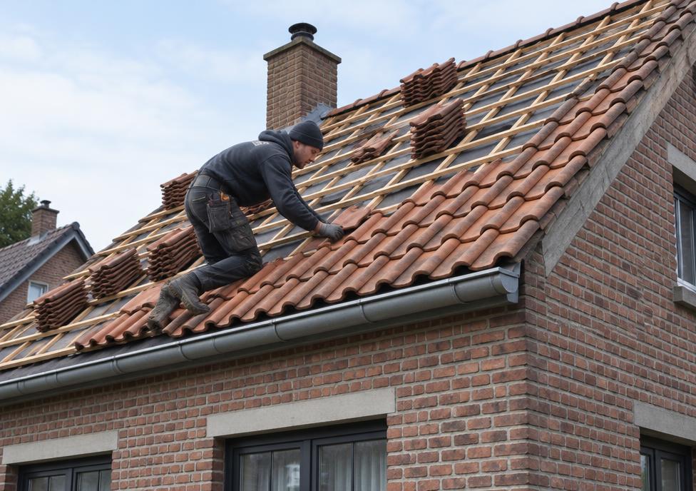 Dakwerker legt nieuwe dakpannen op een bakstenen woning