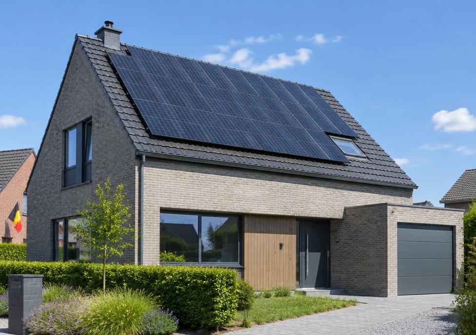 Woning met zonnepanelen op het hellende dak
